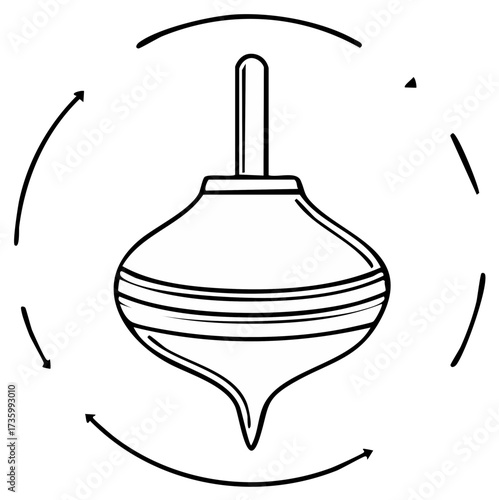 Hand Drawn Top Spinning Toy with Rotation Arrows Black and White Illustration