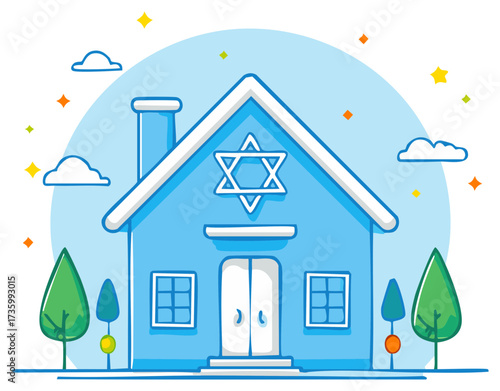 Blue house with Star of David, cartoon style building with trees and clouds for holiday and celebration
