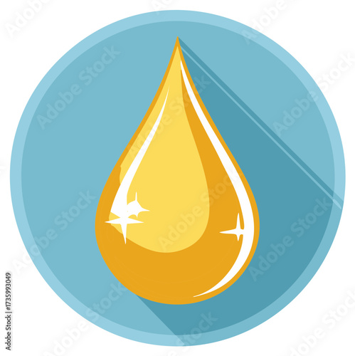 Golden oil drop with subtle sparkles on a blue circle background, flat design.