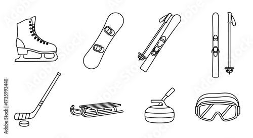 Collection of Winter Sports Equipment Line Art Icons