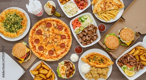 Assorted takeout and delivery foods on table – pizza, pied, hamburgers, doner, fried chicken, and sides. Top-down view