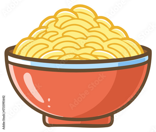 Bowl of spaghetti cartoon illustration. Fresh pasta in red bowl.