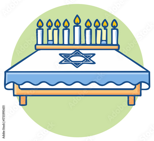 Hanukkah menorah illustration with Star of David table cloth, burning candles