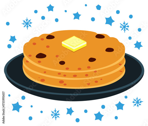 Fluffy Pancakes Stack with Butter and Chocolate Chips with Winter Stars
