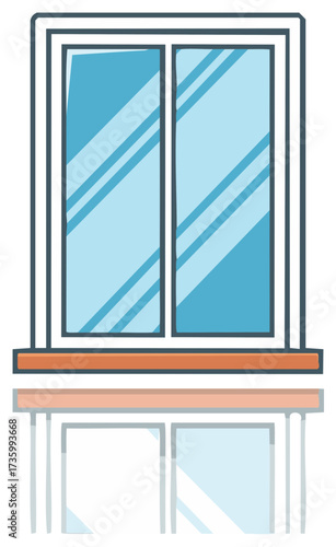Stylized illustration of a white framed window with blue reflective glass panels and a wooden sill