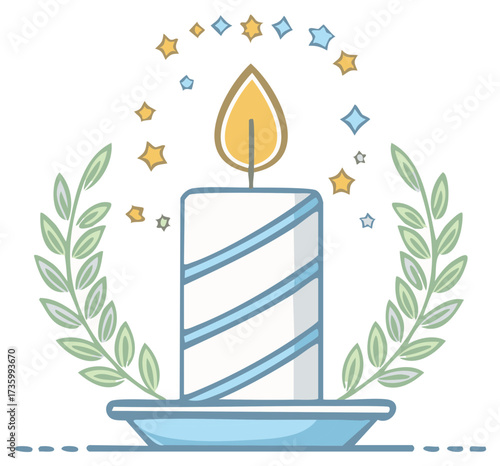Festive candle with decorative leaves and stars, glowing flame emitting light. Holiday spirit with warm atmosphere illustration