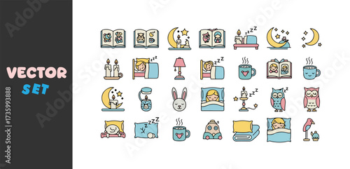 Collection of cute bedtime and sleep related icons and illustrations