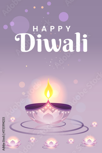 Happy Diwali Poster with Diya Lamp and Peacock Vector Illustration. Indian festival of lights Design. Suitable for Greeting Card, Banner, Flyer, Template. 