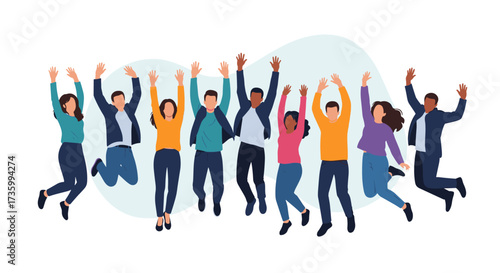 A diverse group of happy people jumping in the air celebrating together.