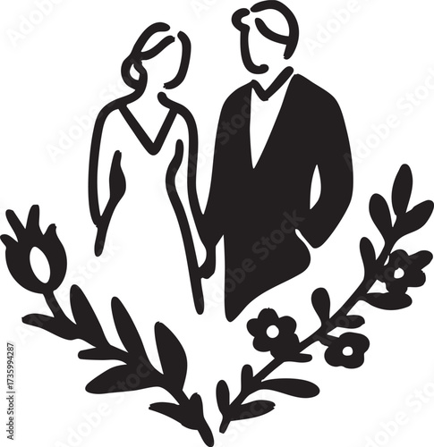 A hand-drawn vector icon representing a couple in wedding attire, holding hands with a heart above them. The illustration symbolizes love, marriage, and union.