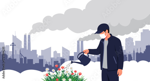 Man with mask watering plants in front of smog filled city landscape.