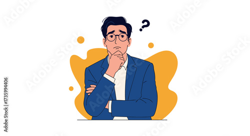 A thoughtful businessman in a blue suit with glasses ponders a question mark above his head.