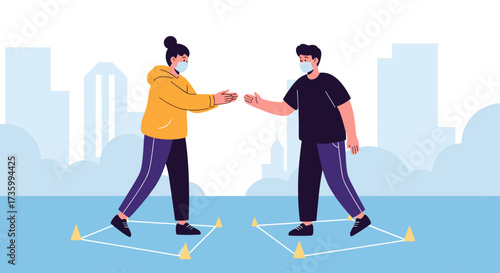 Two people are maintaining physical distance while wearing masks to prevent the spread of illness.