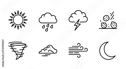 Weather Icons Sun, Rain, Lightning, Hail, Tornado, Clouds, Wind, Moon
