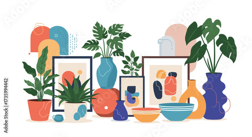 A curated collection of modern decor featuring abstract art and vibrant potted plants.