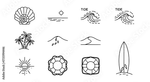 Beach Vacation Icons Sea, Sand, Surf, and Safety Elements in Simple Black and White Line Art