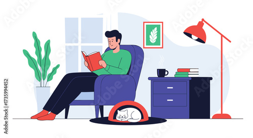 A person reading a book in a comfortable chair with a cat sleeping nearby.