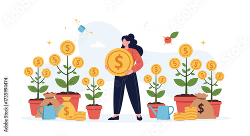 A woman is nurturing a money tree with coins growing from it symbolizing investment growth.