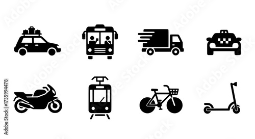 Diverse Transportation Icons Set Car, Bus, Truck, Taxi, Motorcycle, Tram, Bicycle, Scooter