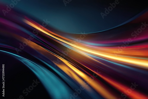 Dynamic abstract composition of fluid, light-streaked curves. Colors shift through warm and cool hues