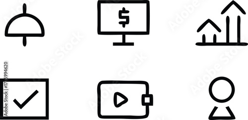 Hand-drawn business icons set for finance growth technology and user interface design elements