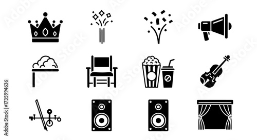 Celebration and Entertainment Icon Set in Black and White