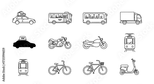 Collection of Vehicle Icons Cars, Buses, Motorcycles, and More