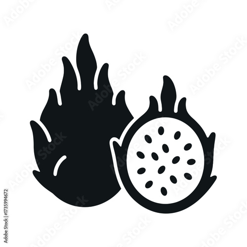 Black and white dragon fruit illustration with halved view