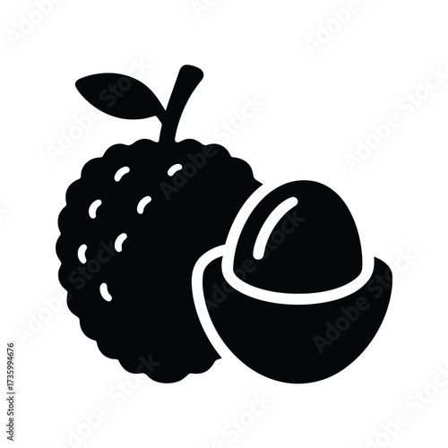Black and white lychee fruit icon with leaf and seed