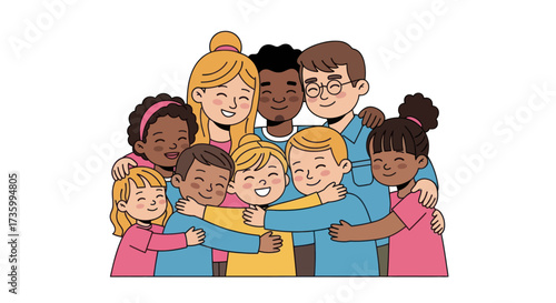 Diverse Group of Happy Children and Adults Embracing in a Warm Hug.