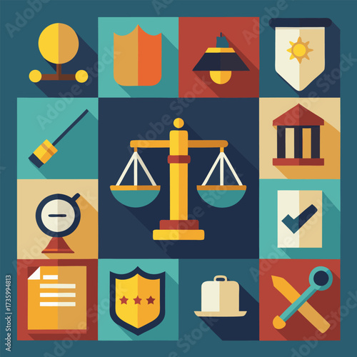 Global business law justice concepts flat design icons collection justice scales court building lawsuit documents