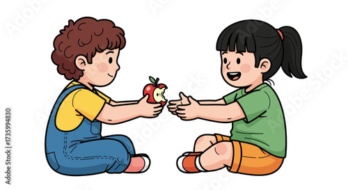 Children sharing an apple A symbol of friendship, cooperation, and healthy eating in a simple cartoon