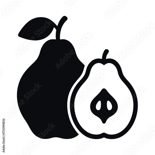 Black and white pear icon representing whole and cut fruit