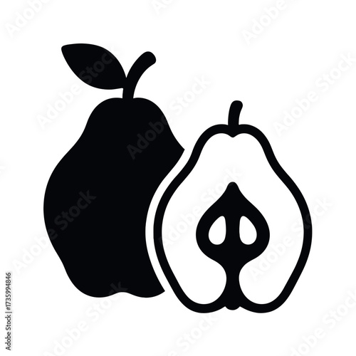 Silhouette of whole and sliced pear with leaf in black and white