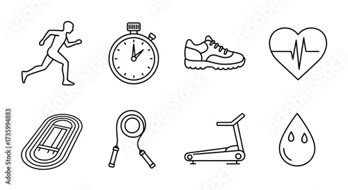 Fitness and Exercise Line Icons Running, Stopwatch, and Health Symbols