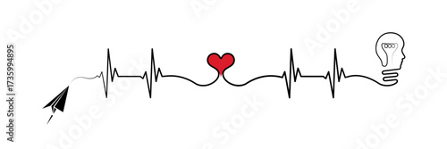 Abstract paper plane origami airplane, ekg shape route, red heart, head shape bulb vector. Medical science concept design to use for cardiology, healthcare business, medical care concept projects.