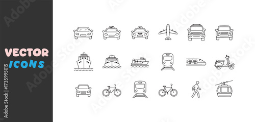 Collection of hand drawn transportation icons in a grid format