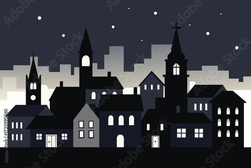Nighttime Townscape Illustration Silhouette of Buildings with Church Towers under a Starry Sky