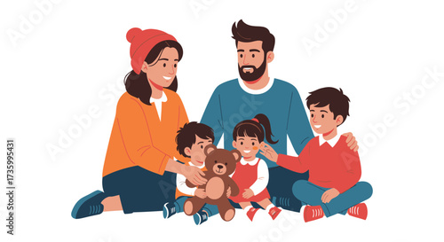 Happy Family of Five Sitting Together Parents and Three Children with Teddy Bear.