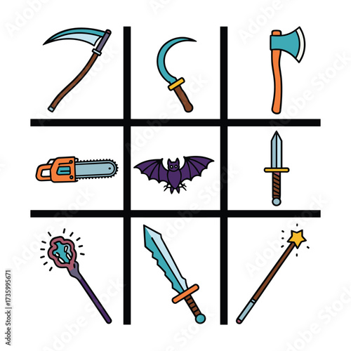 Collection of cartoon weapons and magical items arranged in a grid scythe sickle