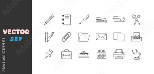 Collection of hand drawn office supplies and stationery icons