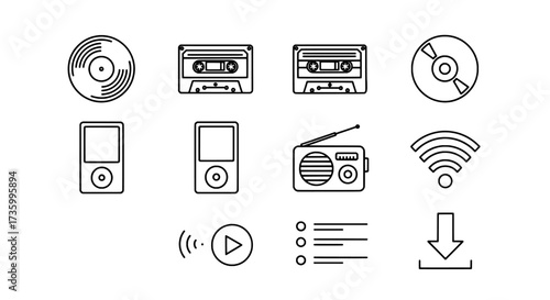 Media Icons Vinyl, Cassette, Radio, Wireless, Download and Play