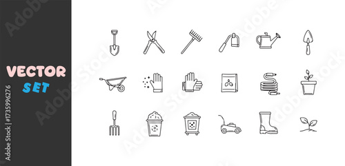 Collection of hand drawn gardening tools and supplies icons