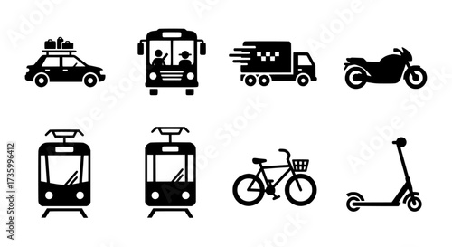 Transportation Icons Set Car, Bus, Truck, Motorcycle, Tram, Bicycle, Scooter