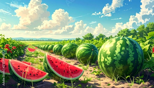 Watermelon field under a bright blue sky.