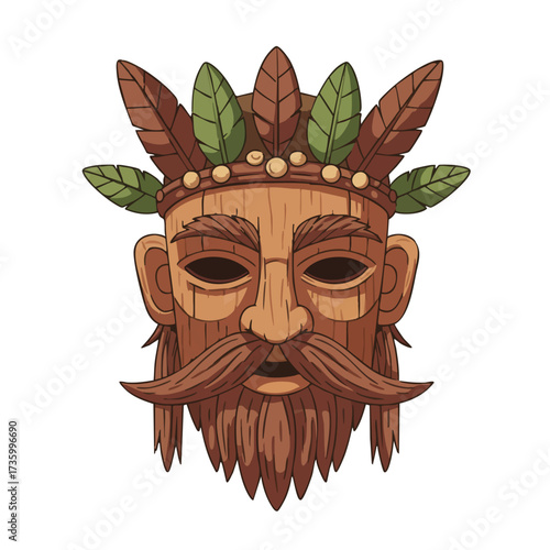 Tribal wooden mask with feathers and beard.