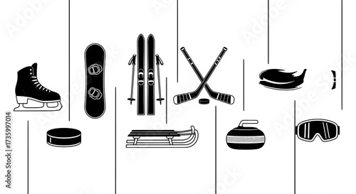 Black and White Winter Sports Equipment Icons