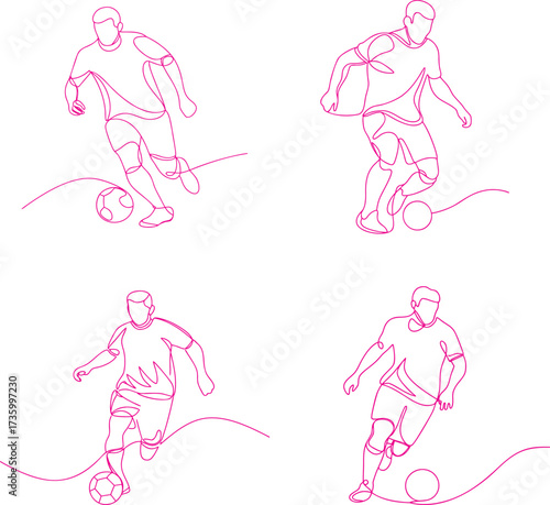 Dynamic line art sketch of a soccer player dribbling a ball and Continuous line drawing