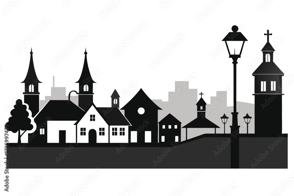 Fototapeta premium Silhouette of a Charming Village with Church, Homes, and Street Lights Art