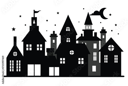 Silhouette of a Halloween Townscape with Crescent Moon, Stars, and Black Houses